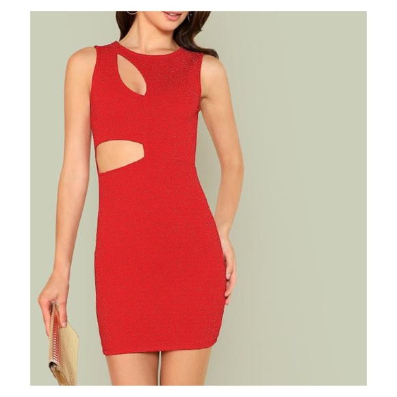 Red Glitter Cut Out Bodycon Mini Dress - Picture 1 of 5